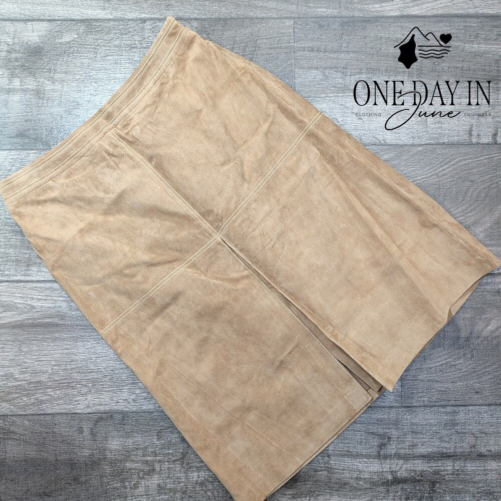 Loft Genuine Suede Leather Midi Skirt Tan Paneled Front Slit NWT Size 8